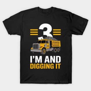 Kids Three 3rd Birthday Construction Truck 3yr Boy 3 Years Old T-Shirt
